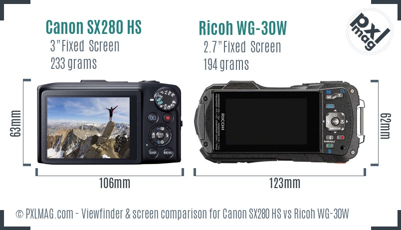 Canon SX280 HS vs Ricoh WG-30W Screen and Viewfinder comparison