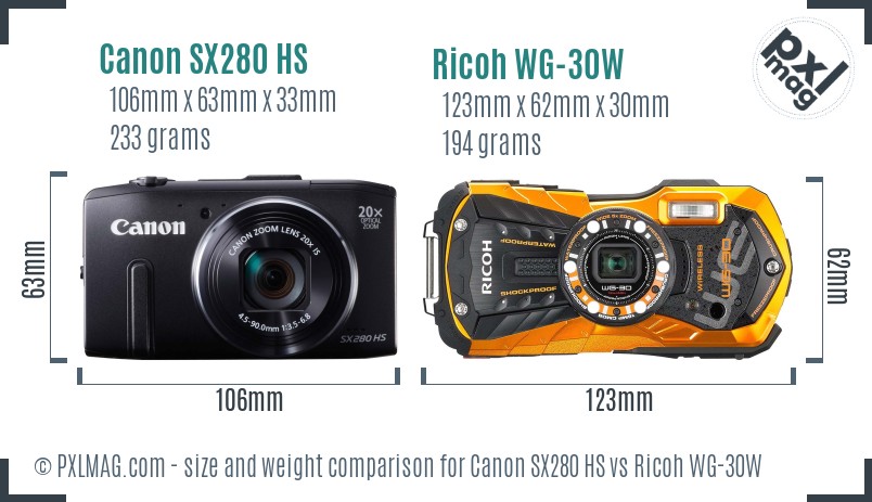 Canon SX280 HS vs Ricoh WG-30W size comparison