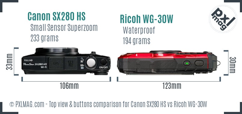 Canon SX280 HS vs Ricoh WG-30W top view buttons comparison