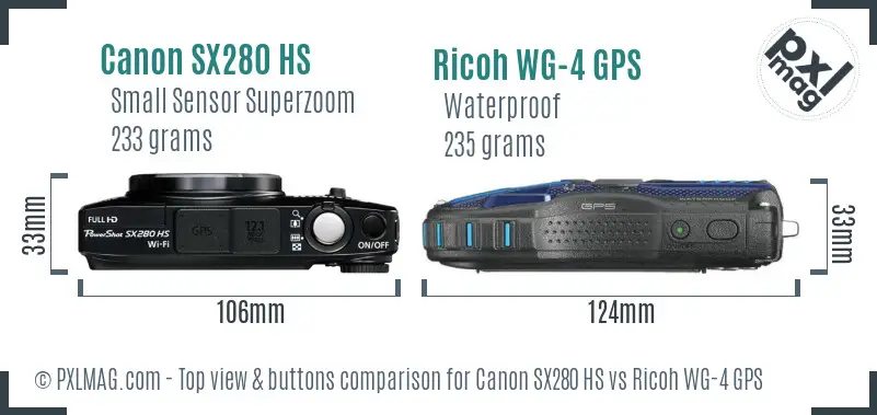 Canon SX280 HS vs Ricoh WG-4 GPS top view buttons comparison