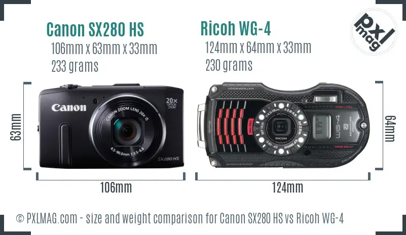 Canon SX280 HS vs Ricoh WG-4 size comparison