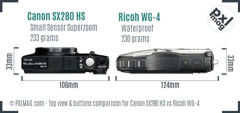 Canon SX280 HS vs Ricoh WG-4 top view buttons comparison