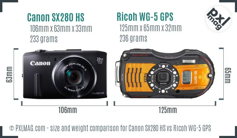 Canon SX280 HS vs Ricoh WG-5 GPS size comparison