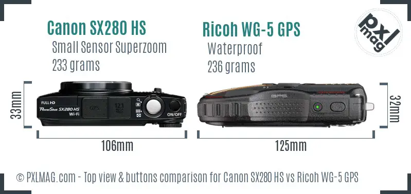Canon SX280 HS vs Ricoh WG-5 GPS top view buttons comparison
