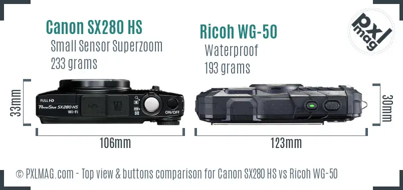 Canon SX280 HS vs Ricoh WG-50 top view buttons comparison