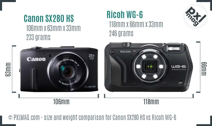 Canon SX280 HS vs Ricoh WG-6 size comparison