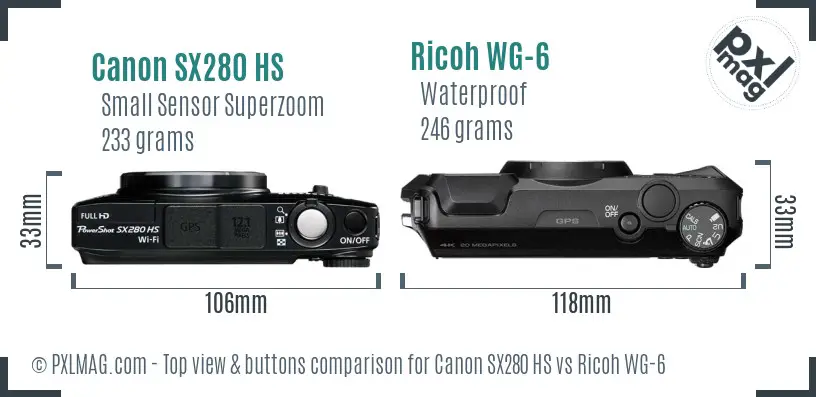 Canon SX280 HS vs Ricoh WG-6 top view buttons comparison