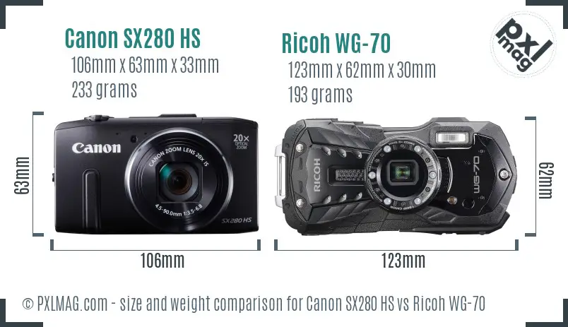 Canon SX280 HS vs Ricoh WG-70 size comparison