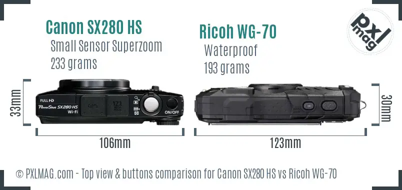 Canon SX280 HS vs Ricoh WG-70 top view buttons comparison