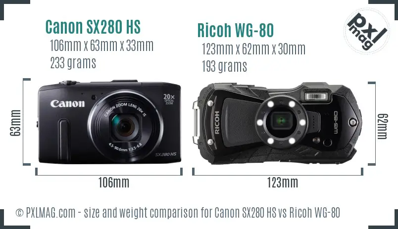 Canon SX280 HS vs Ricoh WG-80 size comparison