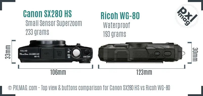 Canon SX280 HS vs Ricoh WG-80 top view buttons comparison