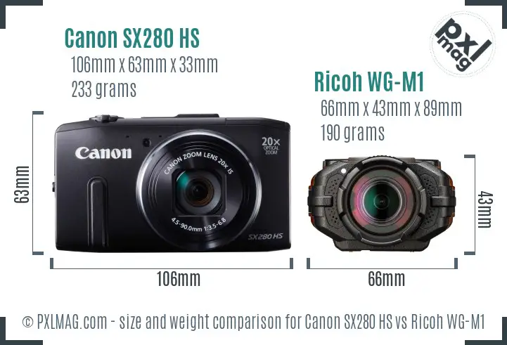 Canon SX280 HS vs Ricoh WG-M1 size comparison