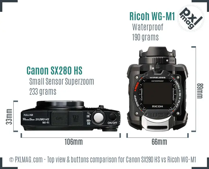 Canon SX280 HS vs Ricoh WG-M1 top view buttons comparison