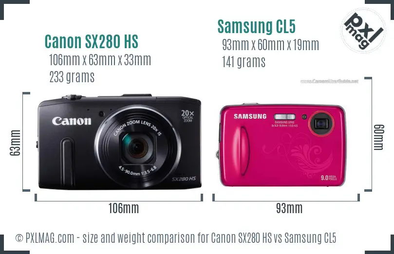 Canon SX280 HS vs Samsung CL5 size comparison Canon SX280 HS vs Samsung CL5 size comparison