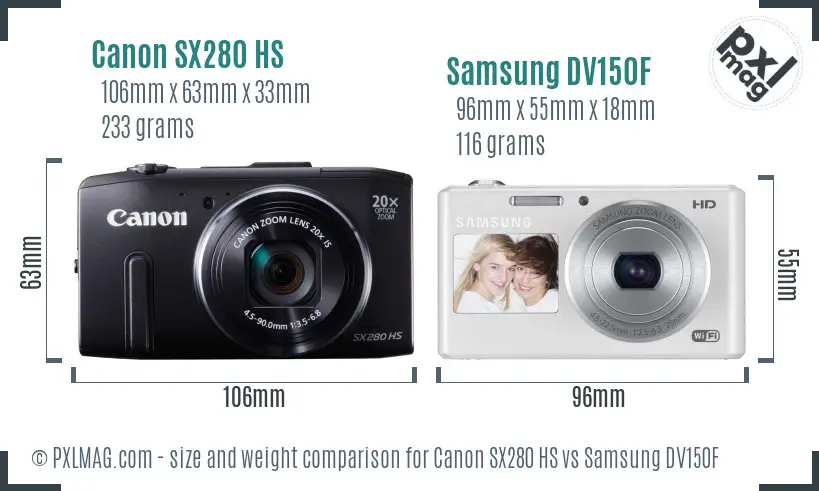 Canon SX280 HS vs Samsung DV150F size comparison