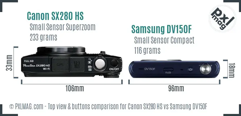 Canon SX280 HS vs Samsung DV150F top view buttons comparison