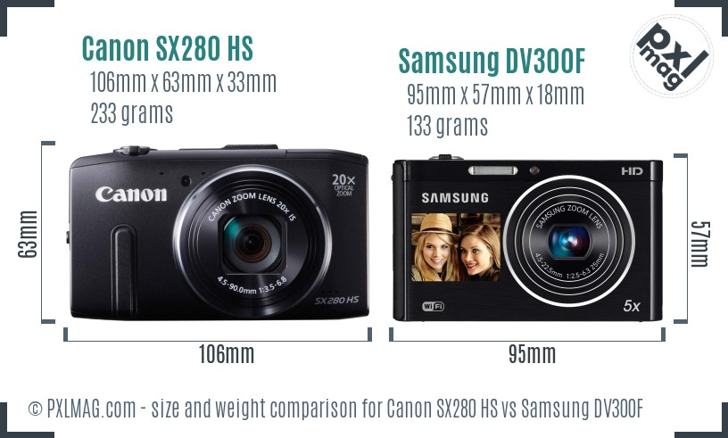 Canon SX280 HS vs Samsung DV300F size comparison