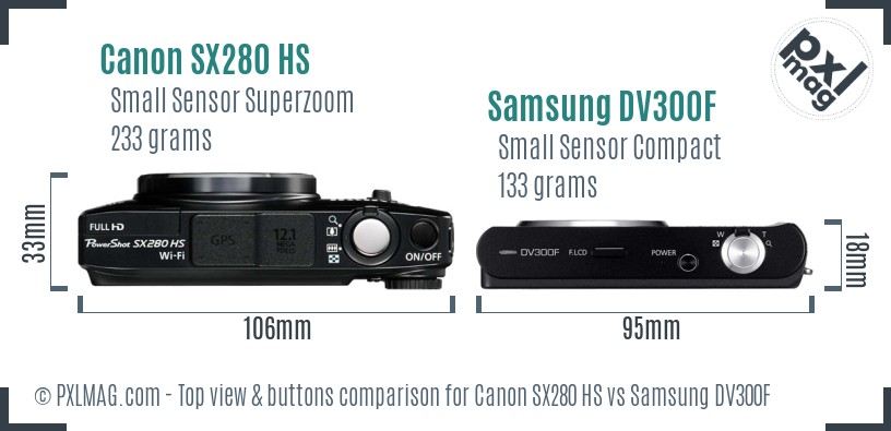 Canon SX280 HS vs Samsung DV300F top view buttons comparison