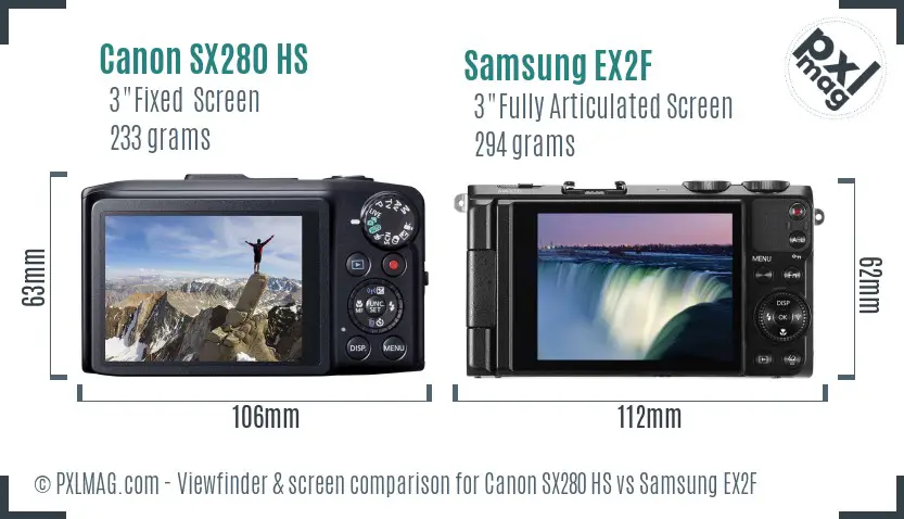 Canon SX280 HS vs Samsung EX2F Screen and Viewfinder comparison