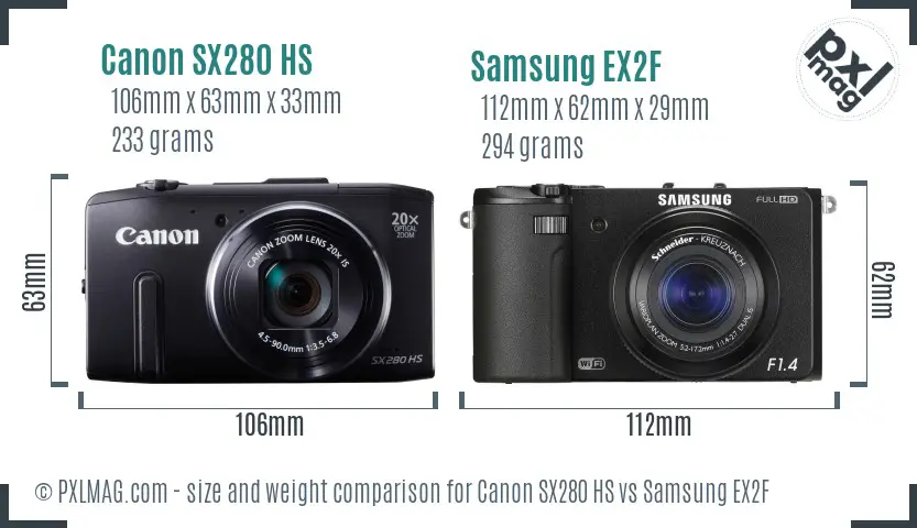 Canon SX280 HS vs Samsung EX2F size comparison