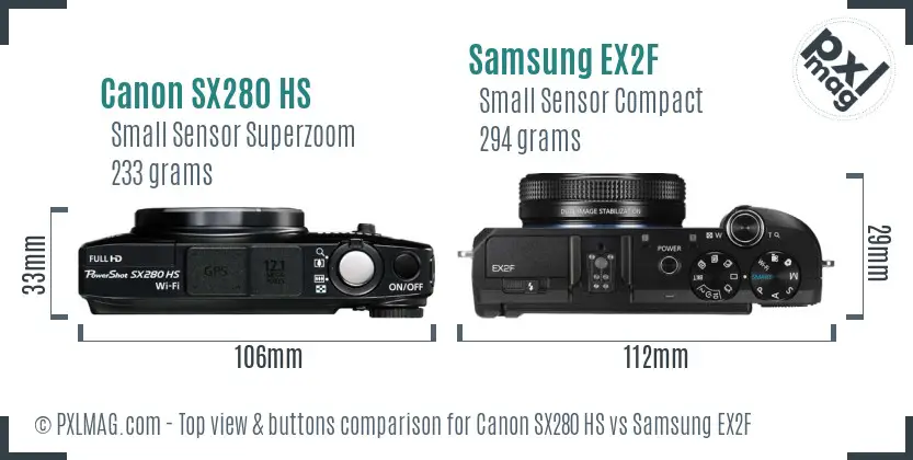 Canon SX280 HS vs Samsung EX2F top view buttons comparison