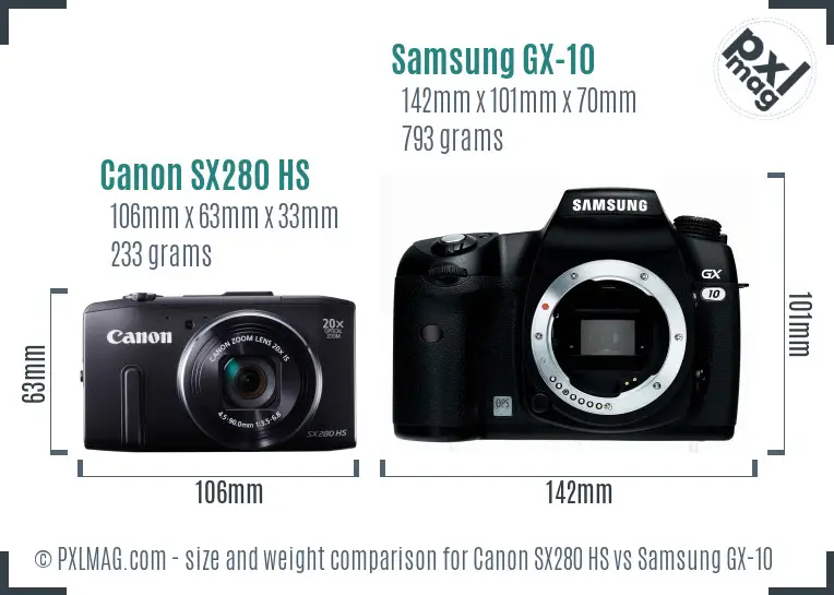 Canon SX280 HS vs Samsung GX-10 size comparison
