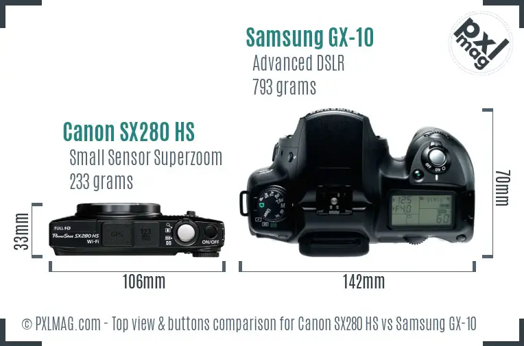 Canon SX280 HS vs Samsung GX-10 top view buttons comparison