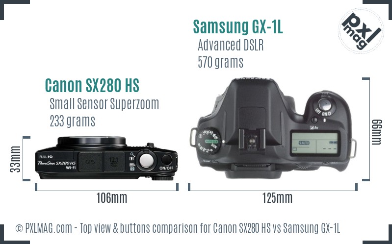 Canon SX280 HS vs Samsung GX-1L top view buttons comparison