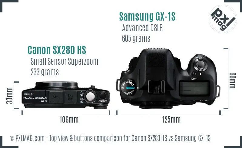 Canon SX280 HS vs Samsung GX-1S top view buttons comparison