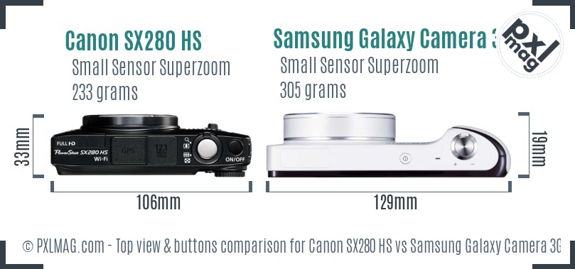 Canon SX280 HS vs Samsung Galaxy Camera 3G top view buttons comparison