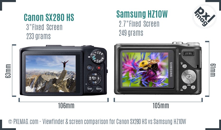 Canon SX280 HS vs Samsung HZ10W Screen and Viewfinder comparison
