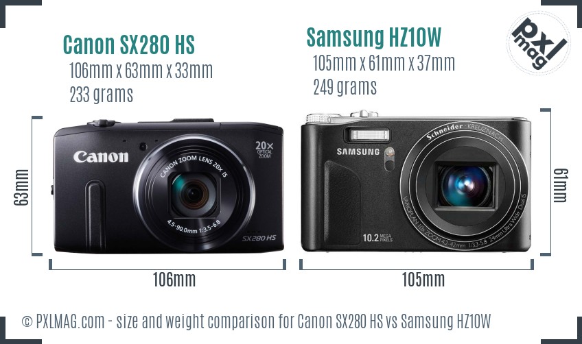 Canon SX280 HS vs Samsung HZ10W size comparison