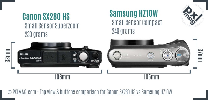 Canon SX280 HS vs Samsung HZ10W top view buttons comparison