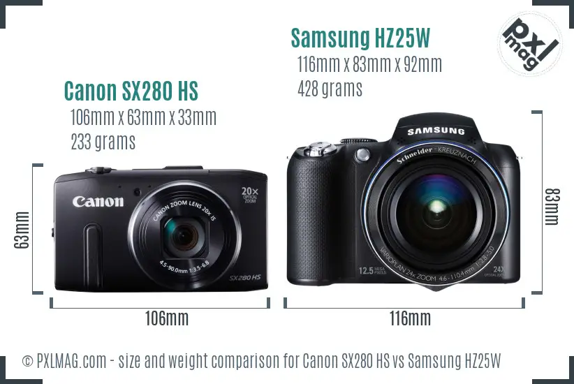 Canon SX280 HS vs Samsung HZ25W size comparison Canon SX280 HS vs Samsung HZ25W size comparison