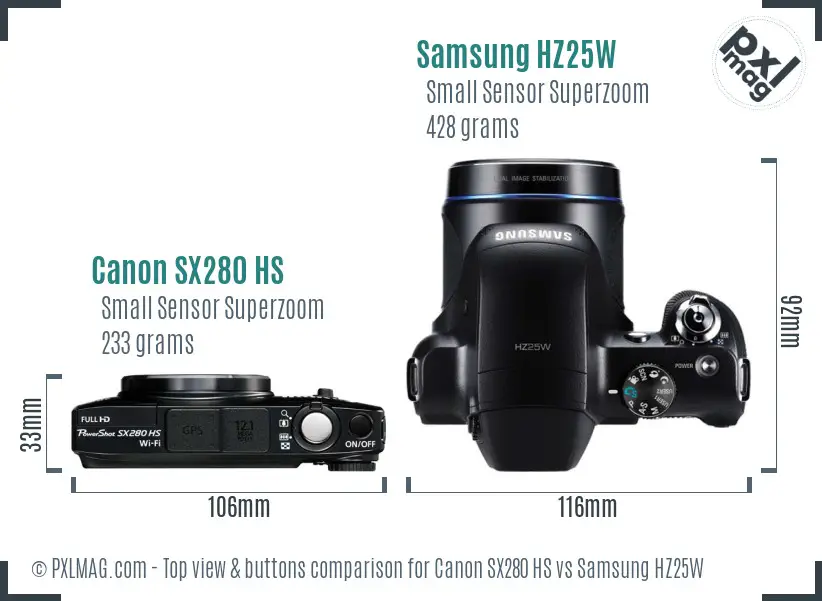 Canon SX280 HS vs Samsung HZ25W top view buttons comparison