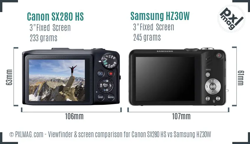 Canon SX280 HS vs Samsung HZ30W Screen and Viewfinder comparison
