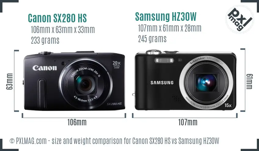 Canon SX280 HS vs Samsung HZ30W size comparison