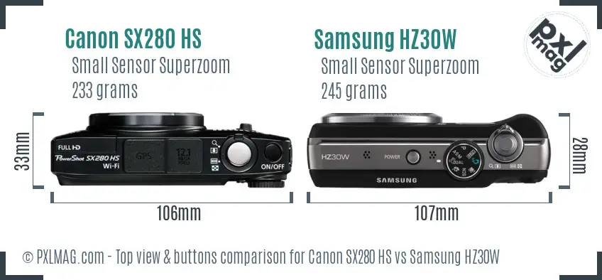 Canon SX280 HS vs Samsung HZ30W top view buttons comparison