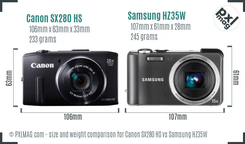 Canon SX280 HS vs Samsung HZ35W size comparison