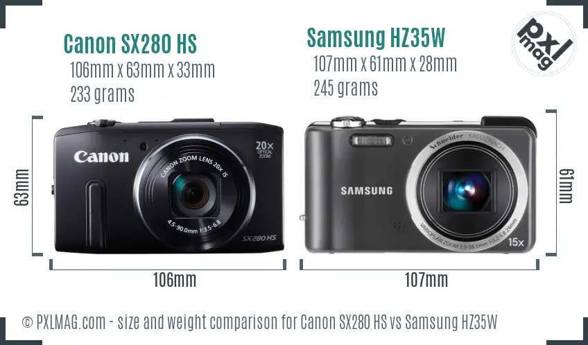 Canon SX280 HS vs Samsung HZ35W size comparison Canon SX280 HS vs Samsung HZ35W size comparison