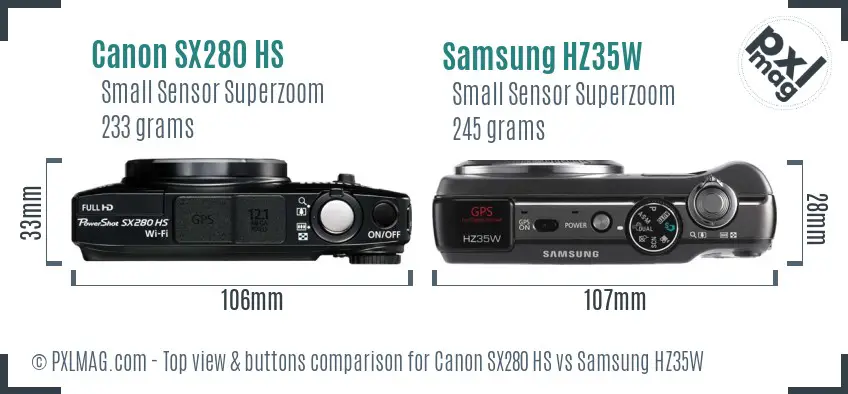 Canon SX280 HS vs Samsung HZ35W top view buttons comparison