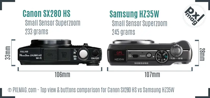 Canon SX280 HS vs Samsung HZ35W top view buttons comparison Canon SX280 HS vs Samsung HZ35W top view buttons comparison