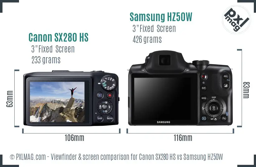 Canon SX280 HS vs Samsung HZ50W Screen and Viewfinder comparison