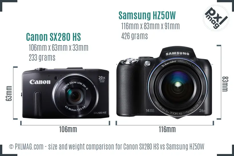 Canon SX280 HS vs Samsung HZ50W size comparison