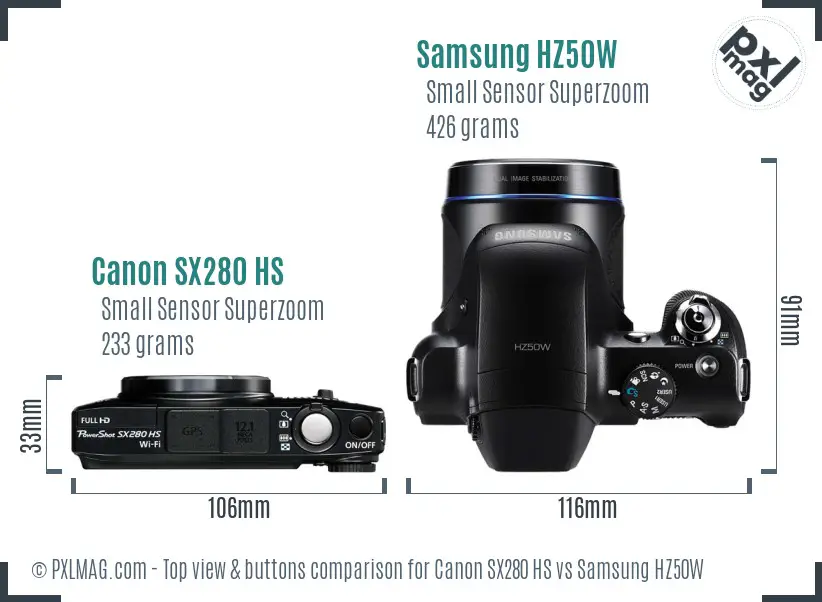 Canon SX280 HS vs Samsung HZ50W top view buttons comparison