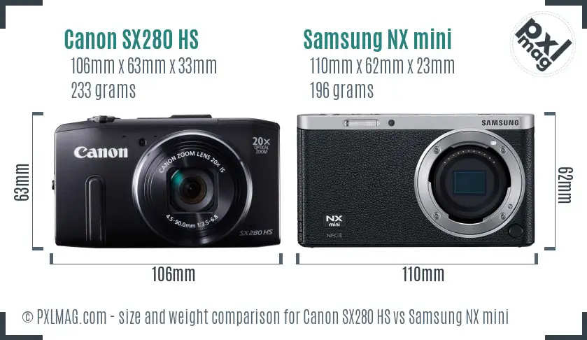 Canon SX280 HS vs Samsung NX mini size comparison Canon SX280 HS vs Samsung NX mini size comparison