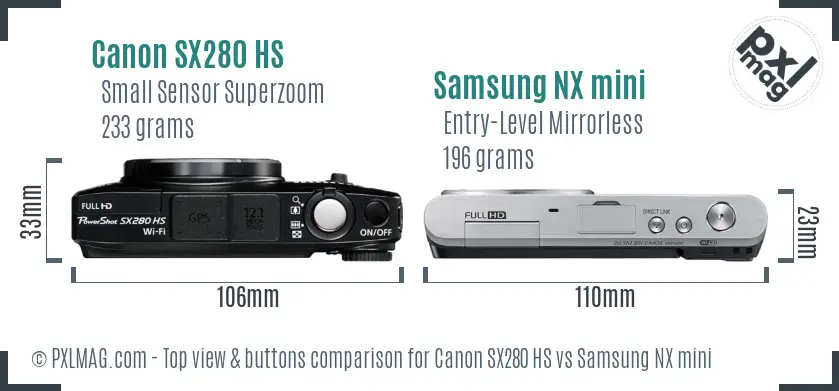 Canon SX280 HS vs Samsung NX mini top view buttons comparison