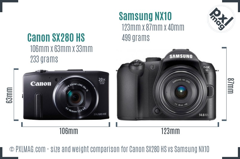 Canon SX280 HS vs Samsung NX10 size comparison Canon SX280 HS vs Samsung NX10 size comparison