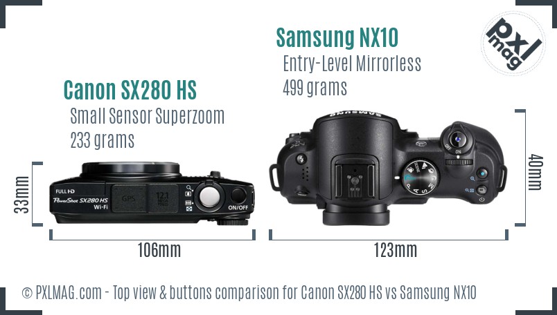 Canon SX280 HS vs Samsung NX10 top view buttons comparison