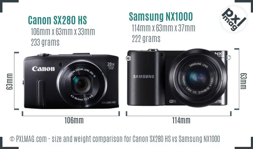 Canon SX280 HS vs Samsung NX1000 size comparison